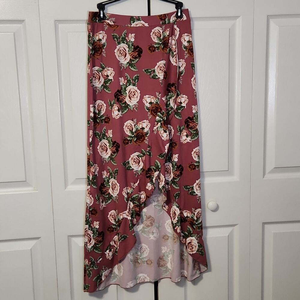 Vintage Wearever Women's Mauve Floral Wrap Hi-low‎ Ruffle Skirt Size LG Long